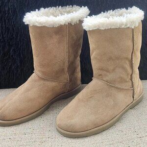 SO Ladies Boots Tan Fabric Upper Faux Lining Flat Shoes Mid Calf Morel Size 9M